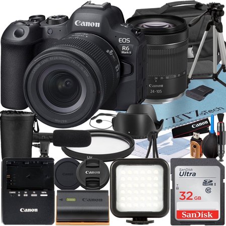 Canon EOS R6 Mark II Mirrorless Camera with RF 24-105mm Lens + SanDisk 32GB Memory Card + Case + LED Flash + ZeeTech Accessory Bundle (International Version)