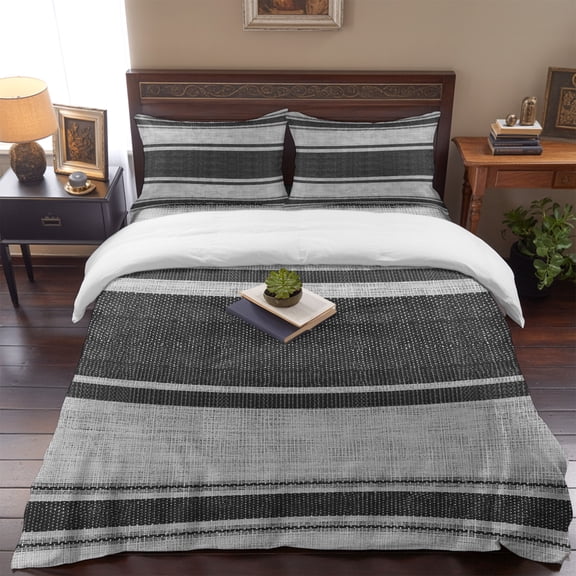 Vintage Black Striped Queen Size Bed Set,Minimalist Linen Texture Bedding for All Seasons,4 Pcs Bed Set,1 Quiltcover (90"x90"),1 Sheet (90"x102"),2 Pillowcases (20"x30")
