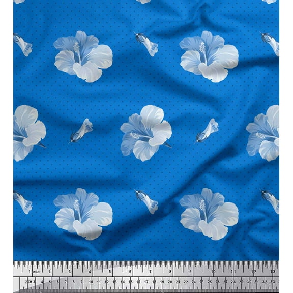Soimoi Blue Cotton Duck Fabric Dot & Floral Print Fabric by the Yard 42 Inch Wide