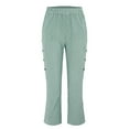 thumbnail image 4 of Green Work Pants, Linen Women Work Pants, Women's Cotton And Linen Striped Elastic Waistband High Waistband Pocket Pants Side Buttons Nine Point Pants Loose Casual Pants H Shaped Straight Leg Pants, 4 of 9