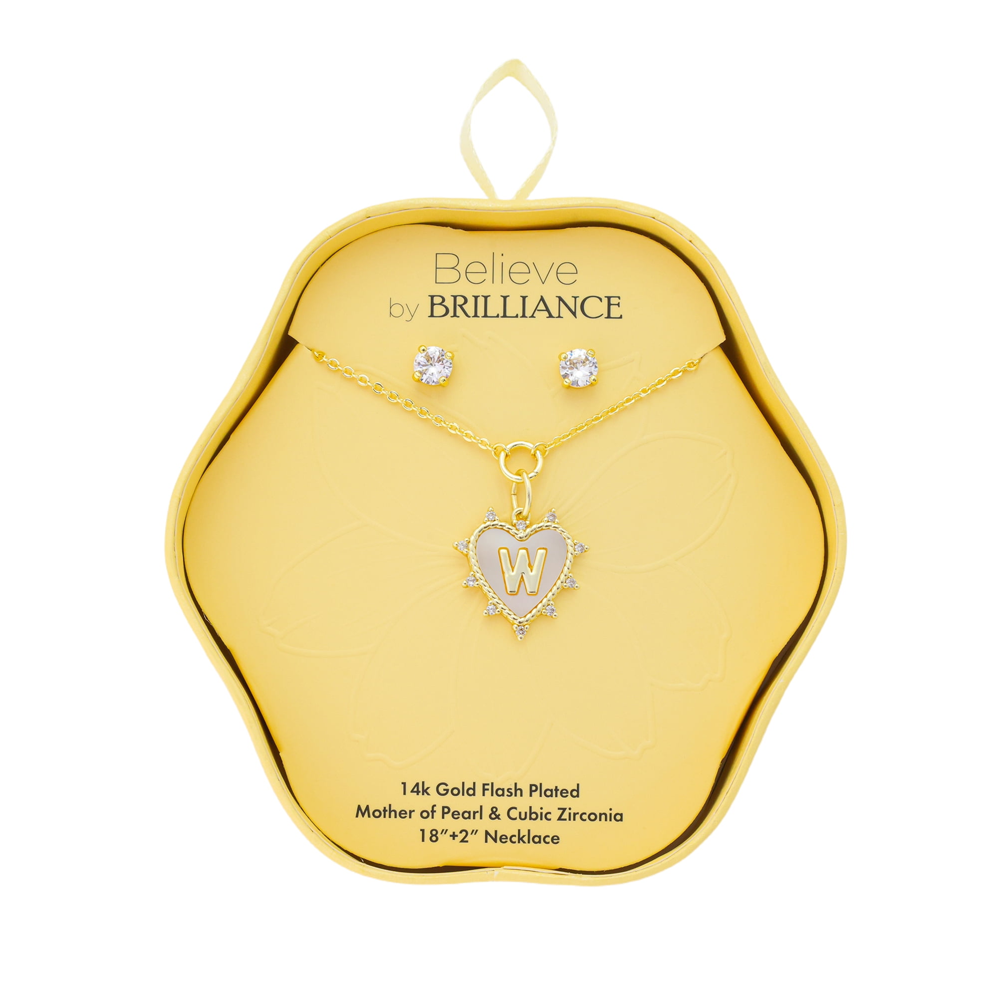 Believe by Brilliance Women's 14Kt Gold Flash Plated Mother of Pearl and Cubic Zirconia Heart "W" Necklace and Earring Set