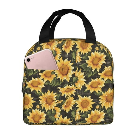 Insulated Lunch Bag for Women Men - Vintage Black Plaid Sunflower Leakproof Cooler Lunch Box for Women Men  Lunch Tote Bags for Work School Picnic Travel