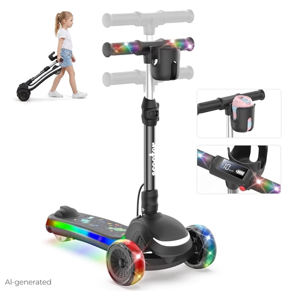 Electric Scooter for Kids 3-8, 3-Wheels 100W Escooter with 360°Light Up Pedal Handle, 6.2 Mph Max Foldable & Height Adjustable Toddler Motorized Scooters, Ride On Toys (Black)