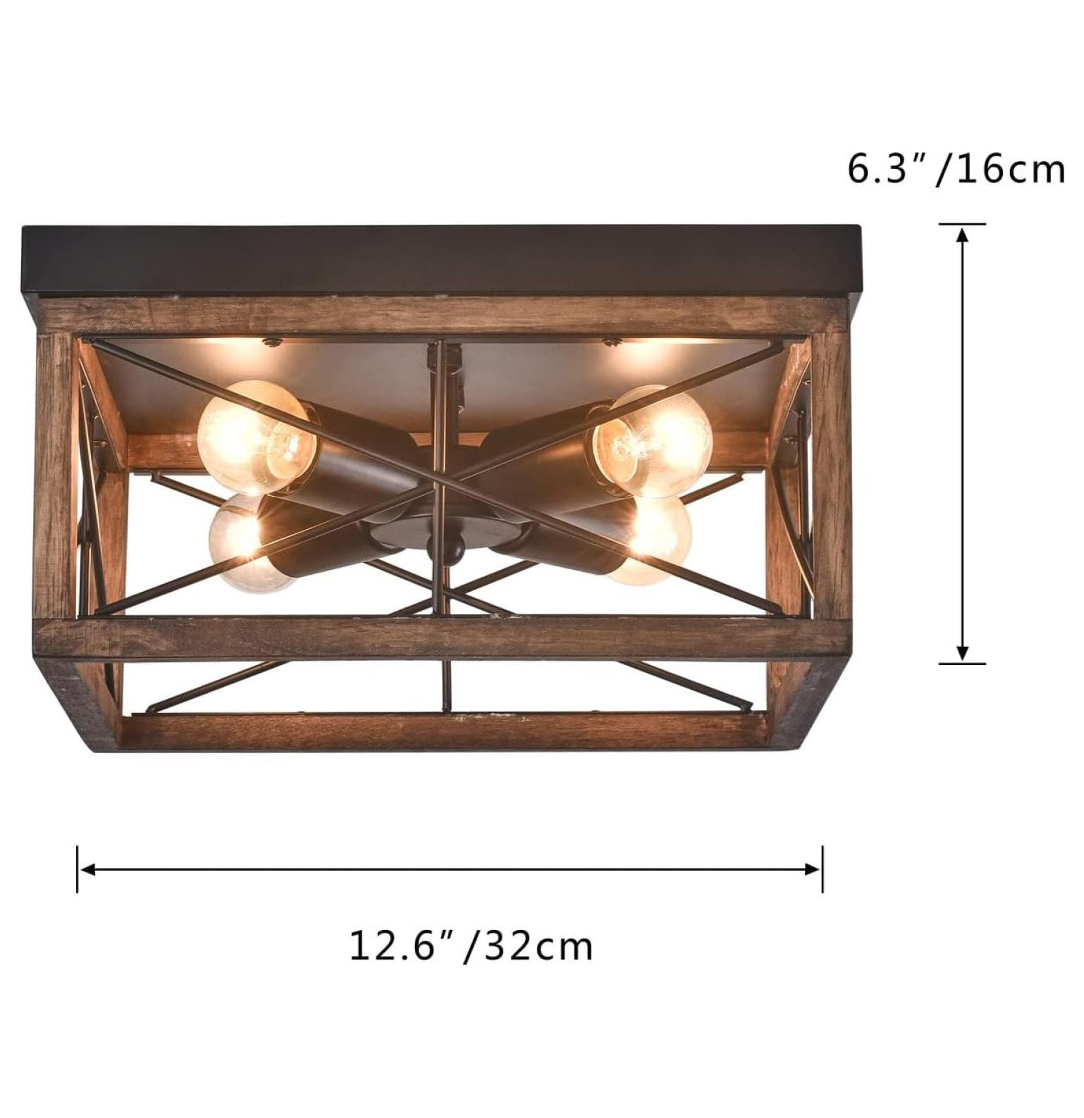 4-Light Rustic Wood Flush Mount Ceiling Light Metal Square Cage Farmhouse Lighting Close to Ceiling Light Fixture Black for Dining Room Bedroom Living Room Kitchen Hallway Entryway Foyer