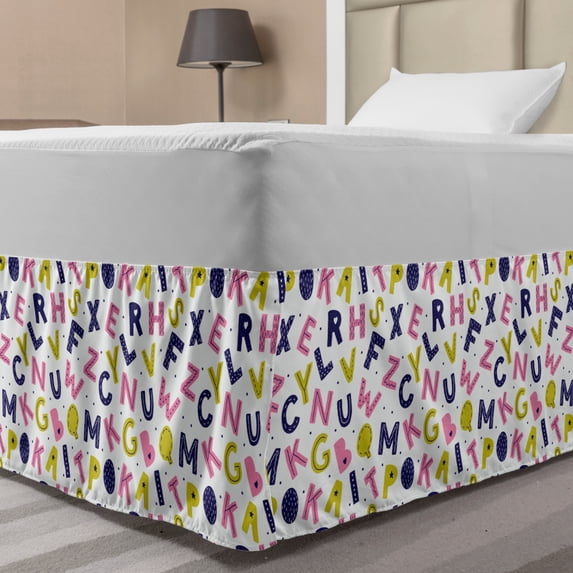 Alphabet Bed Skirt, Geometric with Hearts Stars and Mini Polka Dots, Elastic Bedskirt Dust Ruffle Wrap Around for Bedding Decor, 4 Sizes, Yellow Green Pastel Pink, by Ambesonne