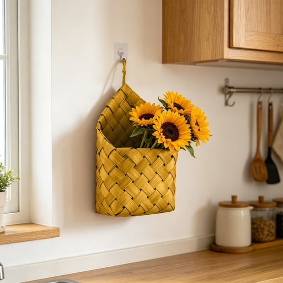 Gallickan Hand Woven Wall Hanging Basket Boho Flower Pot Home Wall Decor Storage Organizer for Indoor Outdoor Garden, Yellow