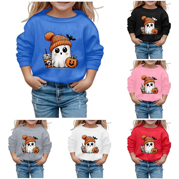 Kids Halloween Cute Print Crewneck Sweatshirt, Fashion Long Sleeve Pullover Top, Spooky Graphic Shirt for Toddler Children Fall Wear