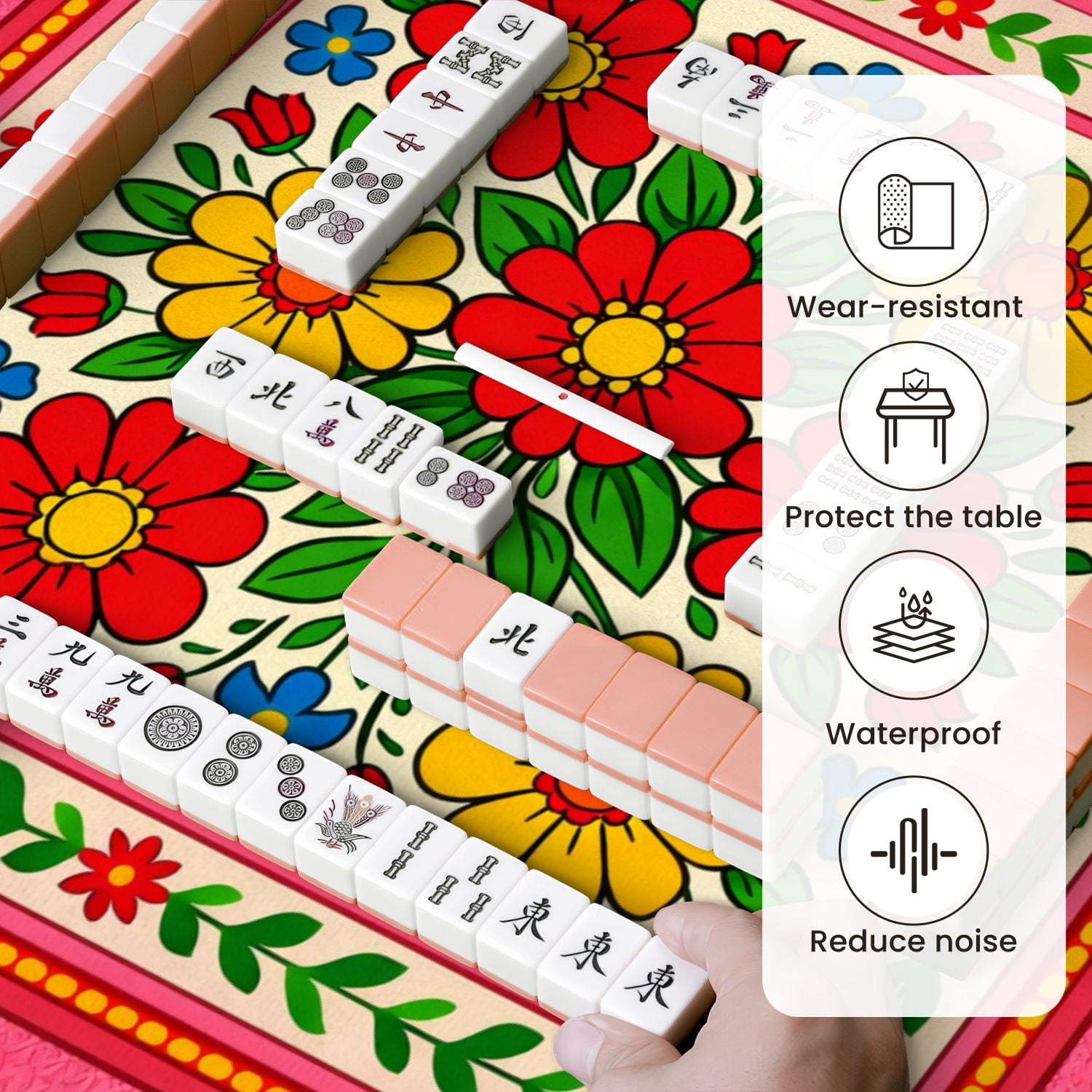 Mahjong Mat 31.5" x 31.5" Colorful Floral Red Yellow Blue Flowers Non-Slip Noise Reduction Mahjong Tiles Table Cover for Dominoes Poker Card Board and Tile Games