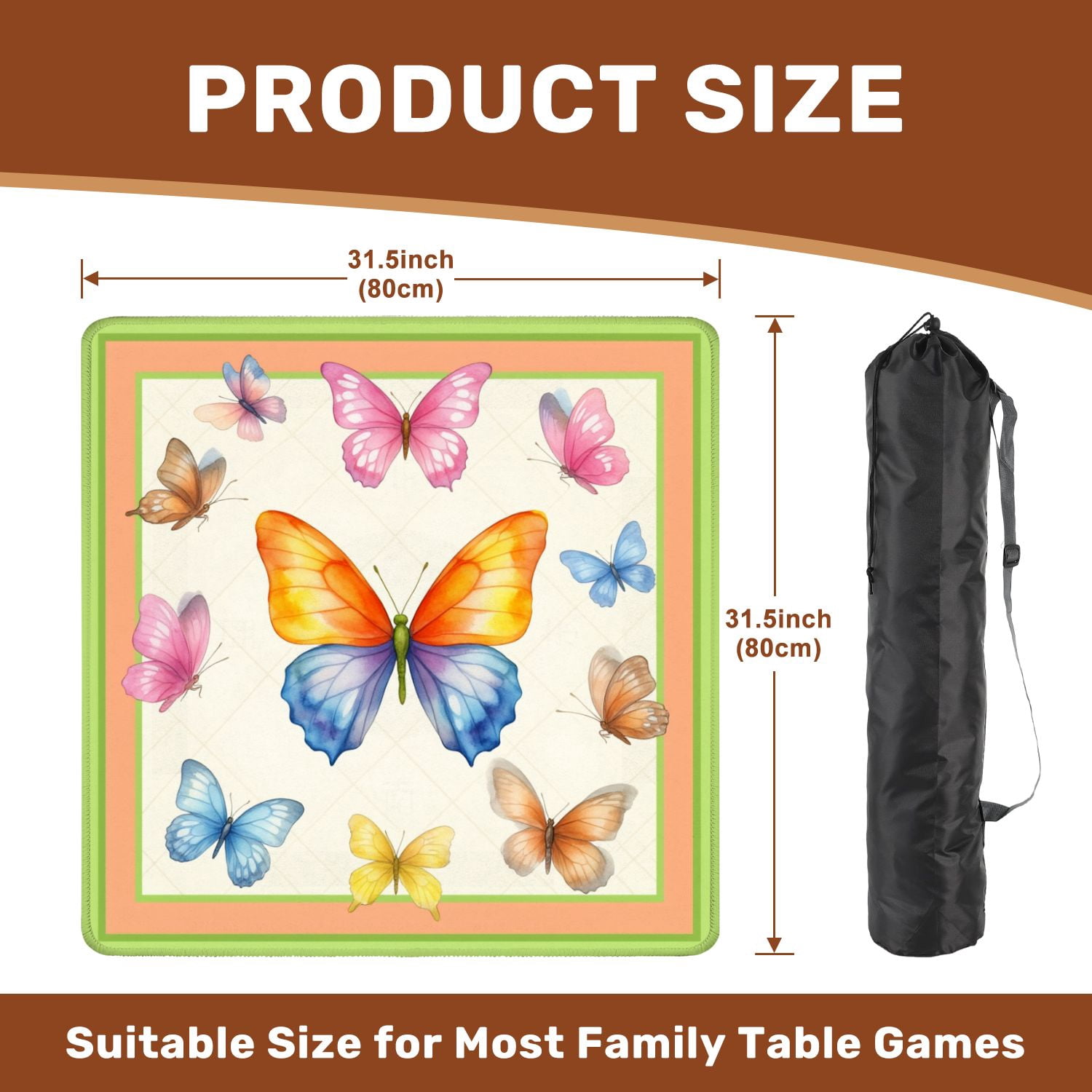 Mahjong Mat 31.5" x 31.5" Colorful Watercolor Butterflies Vibrant Orange Blue Pink Yellow Wings Non-Slip Noise Reduction American Mahjong Tiles Table Cover for Dominoes Poker Card Board Games Gift