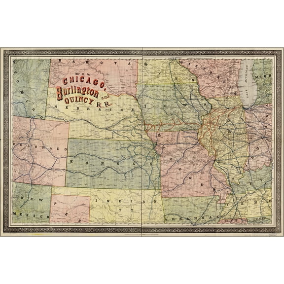 24"x36" Gallery Poster, Map of Chicago Burlington & Quincy Railroad 1879