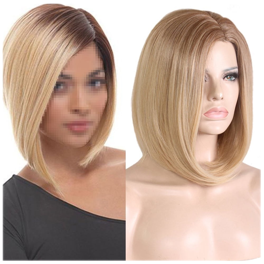 RightOn 15'' Short Straight Dark Roots Ombre Blonde Bob Wigs Side Part Wig with Wig Cap Included (Brown Ombre Blonde)
