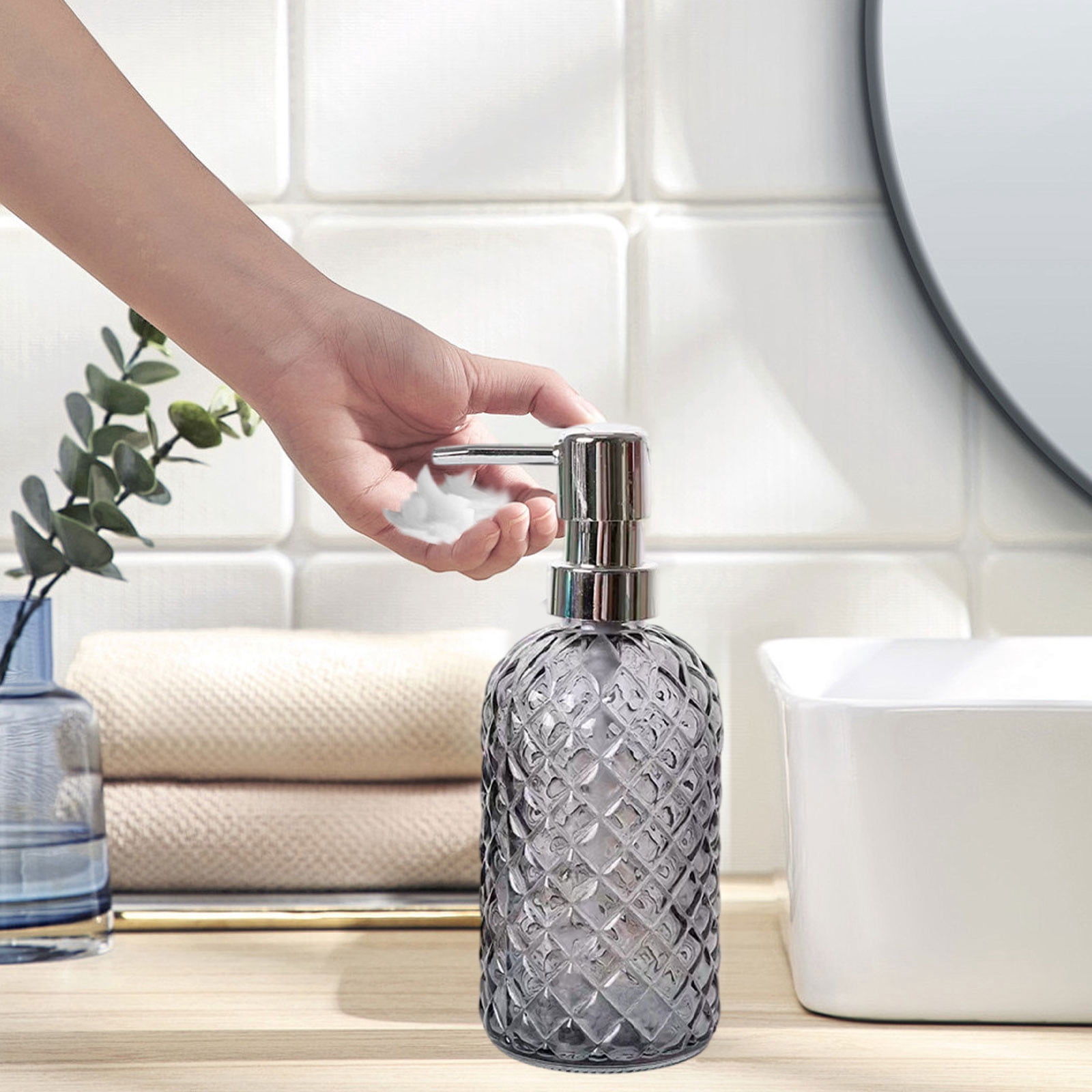 Foaming Soap Dispenser, Glass Hand Soap Bottle with Foam Pump, Gray 037, Refillable Dispenser for Bathroom Sink, Kitchen Counter, Shower , and Body Wash (2 Pcs)