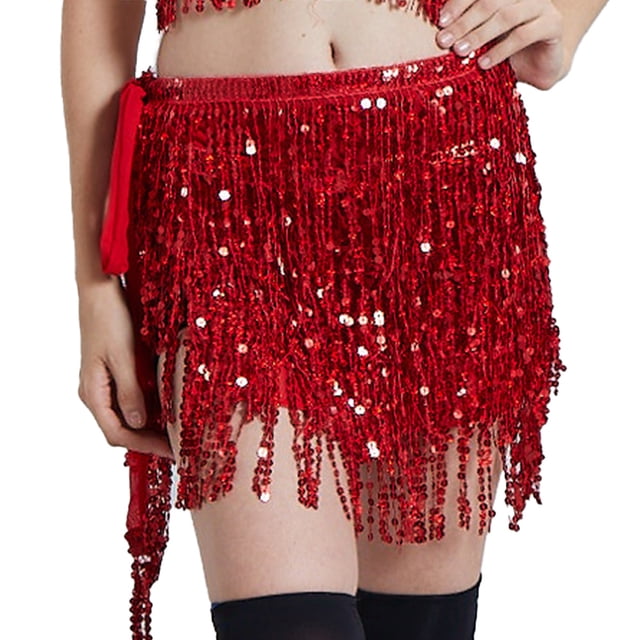 Trajes de actuación para danza del vientre para mujer, bufanda de cadera, falda, ropa de festival con flecos de lentejuelas (talla única)