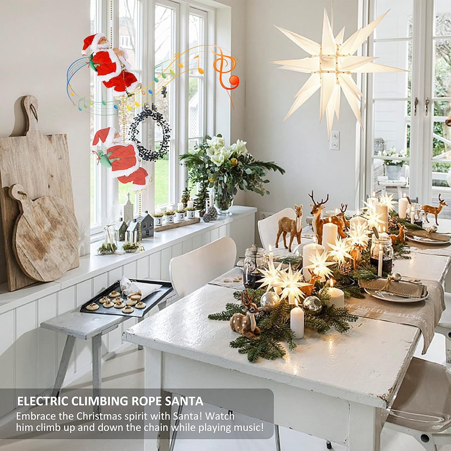 Christmas Electric Climbing Santa with Music & LED Light, Electric Climbing Ladder Santa Claus Doll for Xmas Tree Decorations Hanging Christmas Ornaments Tree Decor Holiday Party Gift