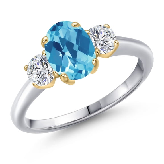 Gem Stone King 925 Silver and 10K Yellow Gold Swiss Blue Topaz and Lab Grown Diamond Engagement Ring for Women | 1.84 Cttw | Oval Checkerboard 8X6MM | Gemstone November Birthstone | Size 8