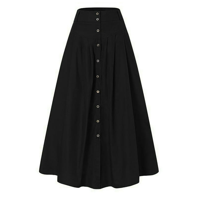 VUPSGEZ Simple Foldover Stretch Flared Knee Length Skirt Women'S Spring And Summer Casual Loose Solid Color A Line High Waist Skirt With Pocket Buttons Women'S Cotton Eyelet Midi Skirt(Black,L)