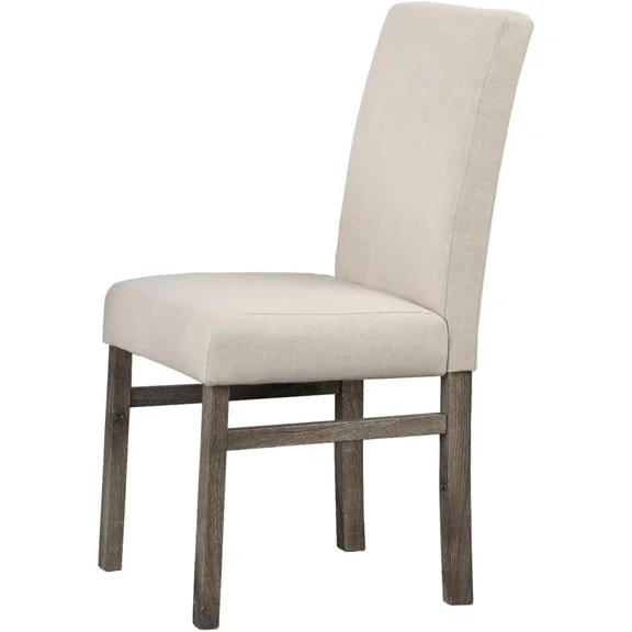 Transitional Dining Chair Set of 2, Antique Oak Wood Kitchen Side Chair with Linen Upholstry