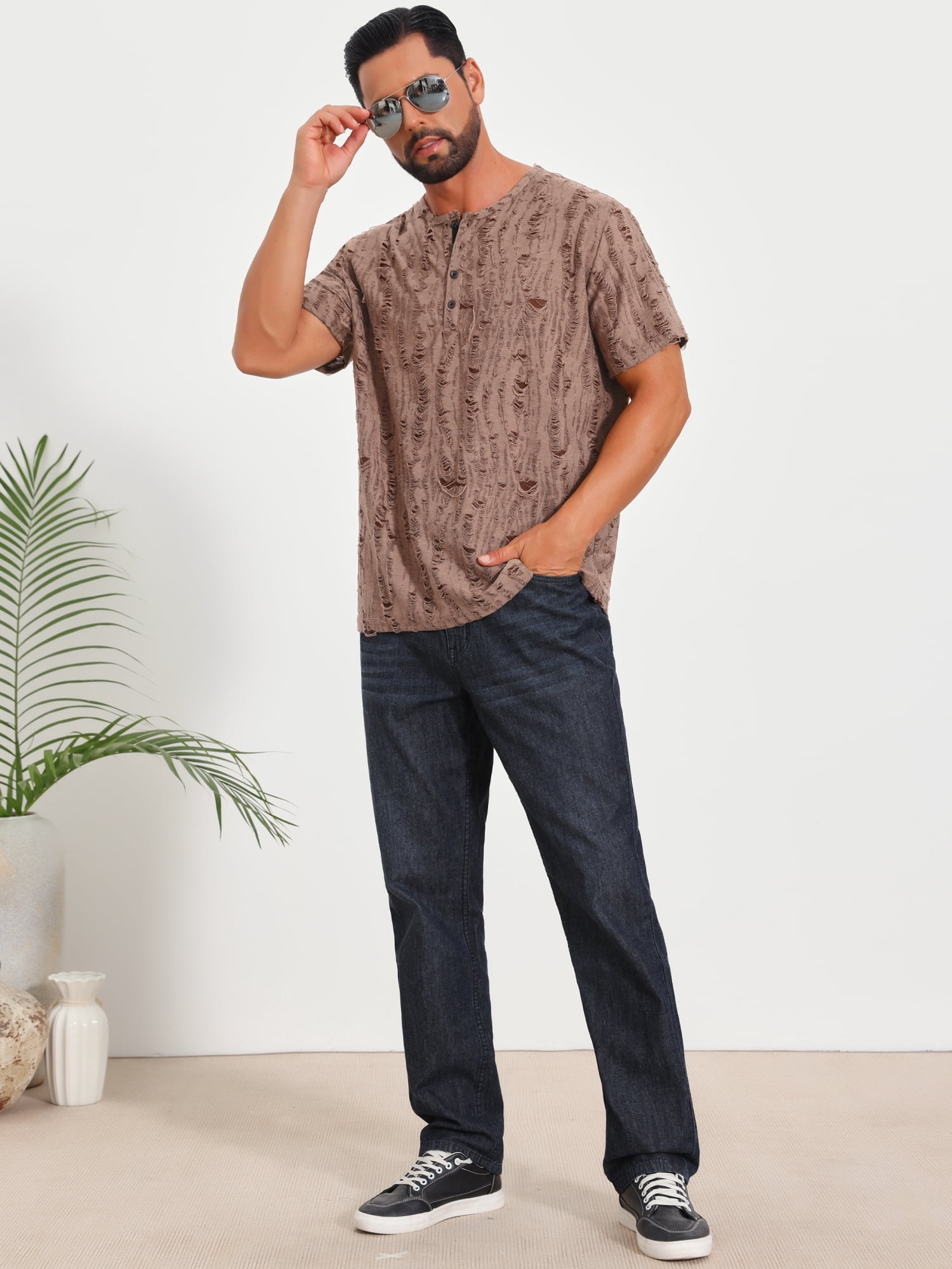 DARING DIVA Men's Ripped Henley Retro Short Sleeve Button Down T-Shirt L Brown