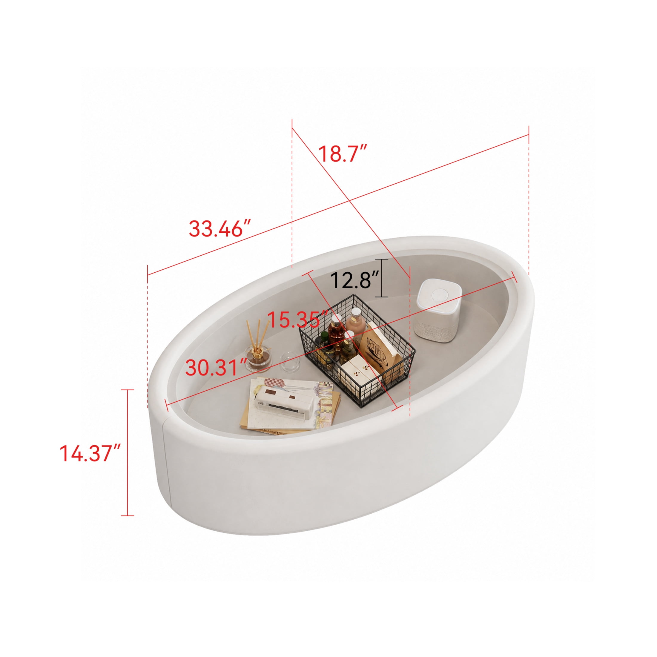 Noble House Morade 33.5" Fluted Oval Storage Coffee Table with Glass Top & Leather Wrapped for Living Room, White