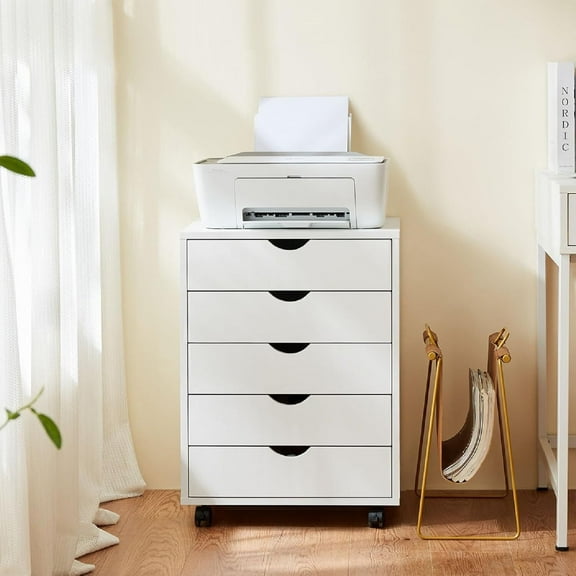LiteHaven  5 Drawer Chest, Storage Cabinets Wooden Mobile Cabinet with Wheels Room Organizer, Small Drawers Wood Organization Furniture for Office, Home, White
