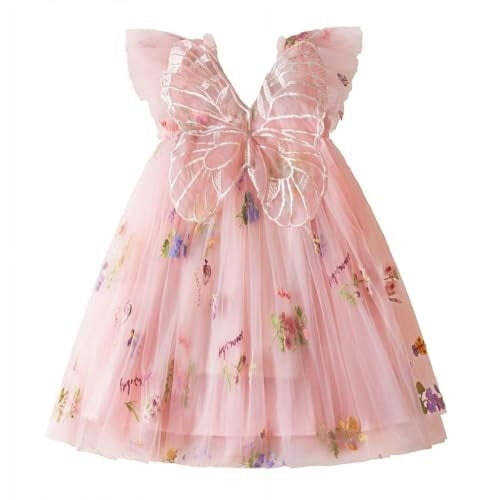 Pandaie Baby Girl Tulle Dress Flower Butterfly Wing Embroidery Sleeveless Romper Mesh Tutu Skirt Toddler Princess Birthday Party Dresses 6-12 Months Pink