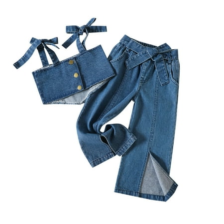

Toddler Girls Sleeveless Vest T-Shirt Tops Denim Pants Trousers Outfits Kids Child Clothing Streetwear Dailywear Outwear