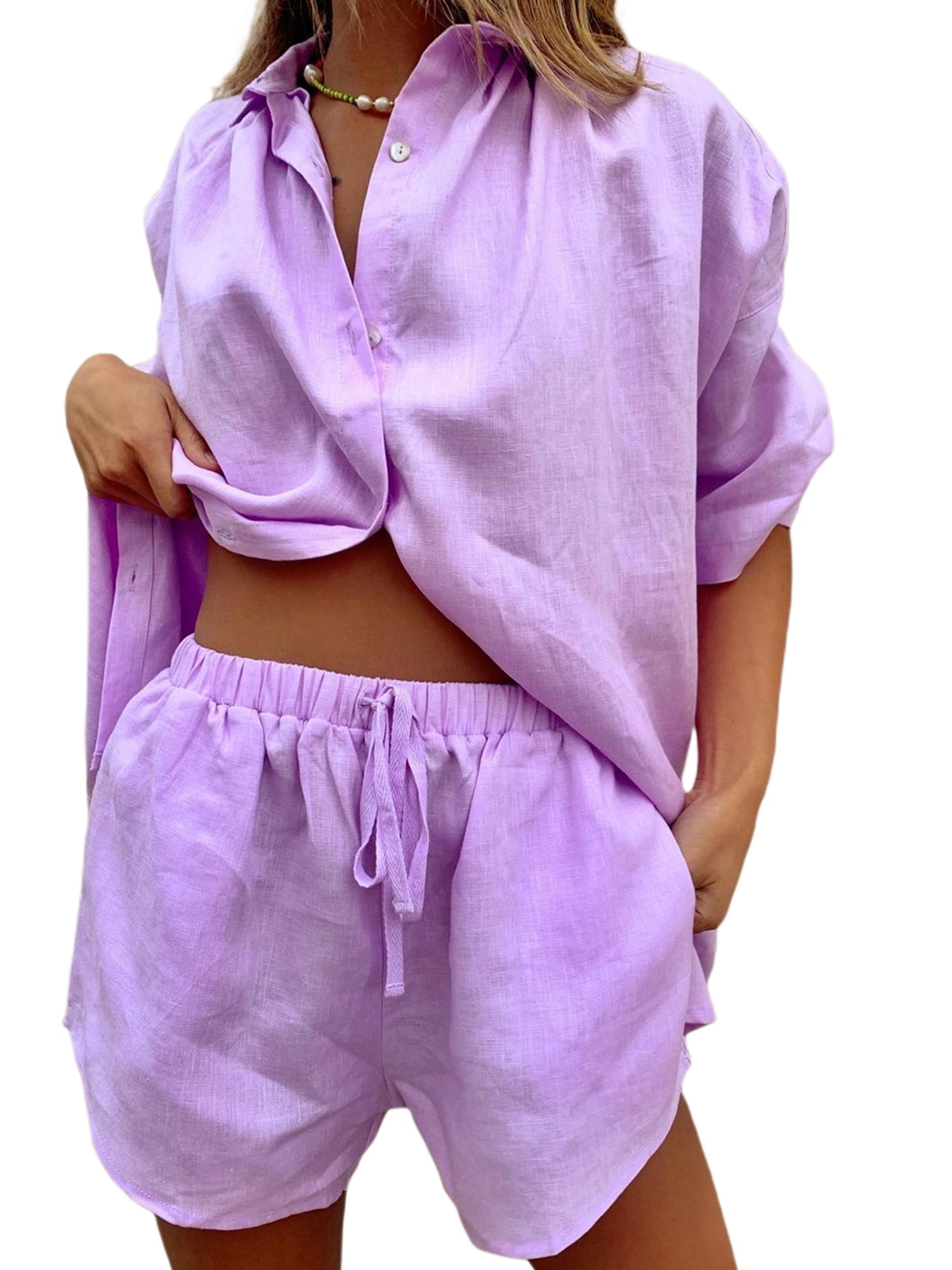 Women'S Linen Casual 2 Piece Outfit Set Oversized Shirt + Shorts With  Pockets - Walmart.Com