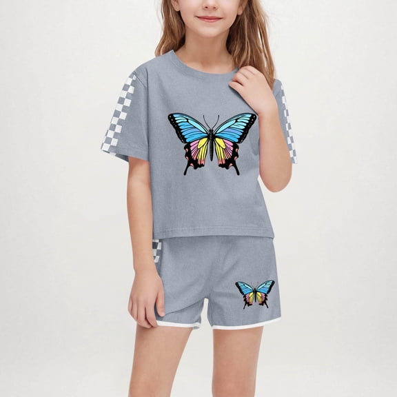 Amidoa Girls Summer Outfits Short Sleeves T-Shirts and Summer Casual Kids Short Clothing Set Gray Size 5T