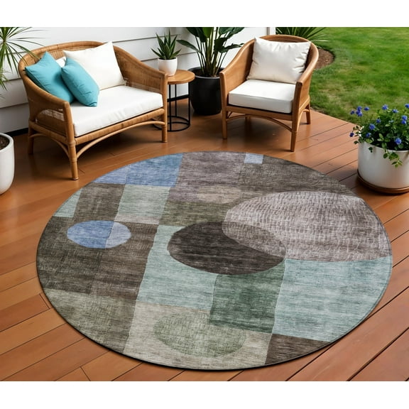 HomeRoots 604308 8 ft. Brown, Blue & Green Round Geometric Washable Indoor & Outdoor Area Rug