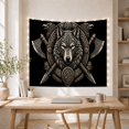 thumbnail image 5 of Canine Head with Bird Heads Above Crossed Axes, Dramatic Gothic Design for Animal Art Lovers, Warrior Emblem Decor, New Home Gift, Tapestry Wall Hanging for Bedroom and Den, 5 of 7