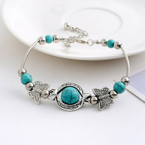SmartBy Butterflies Decor Adjustable Unisex Bracelet Alloy Handmade Turquoises Beads Retro Bracelet Jewelry Accessories