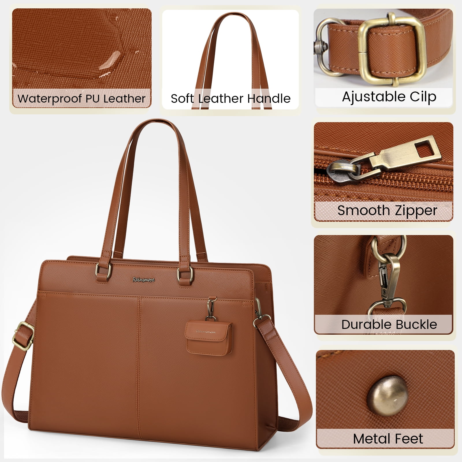 RAINSMORE Laptop Bag for Women 15.7 inch Laptop Tote Briefcase Waterproof Leather Computer Bag Work Tote Bags,Brown