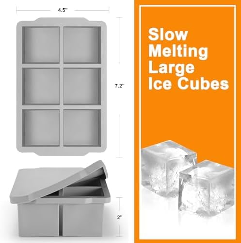 Large Ice Cube Tray with Lid Pack of 2, Stackable Big Silicone Square Ice Cube Mold for Whiskey Cocktails Bourbon Soups Frozen Treats, BPA Free