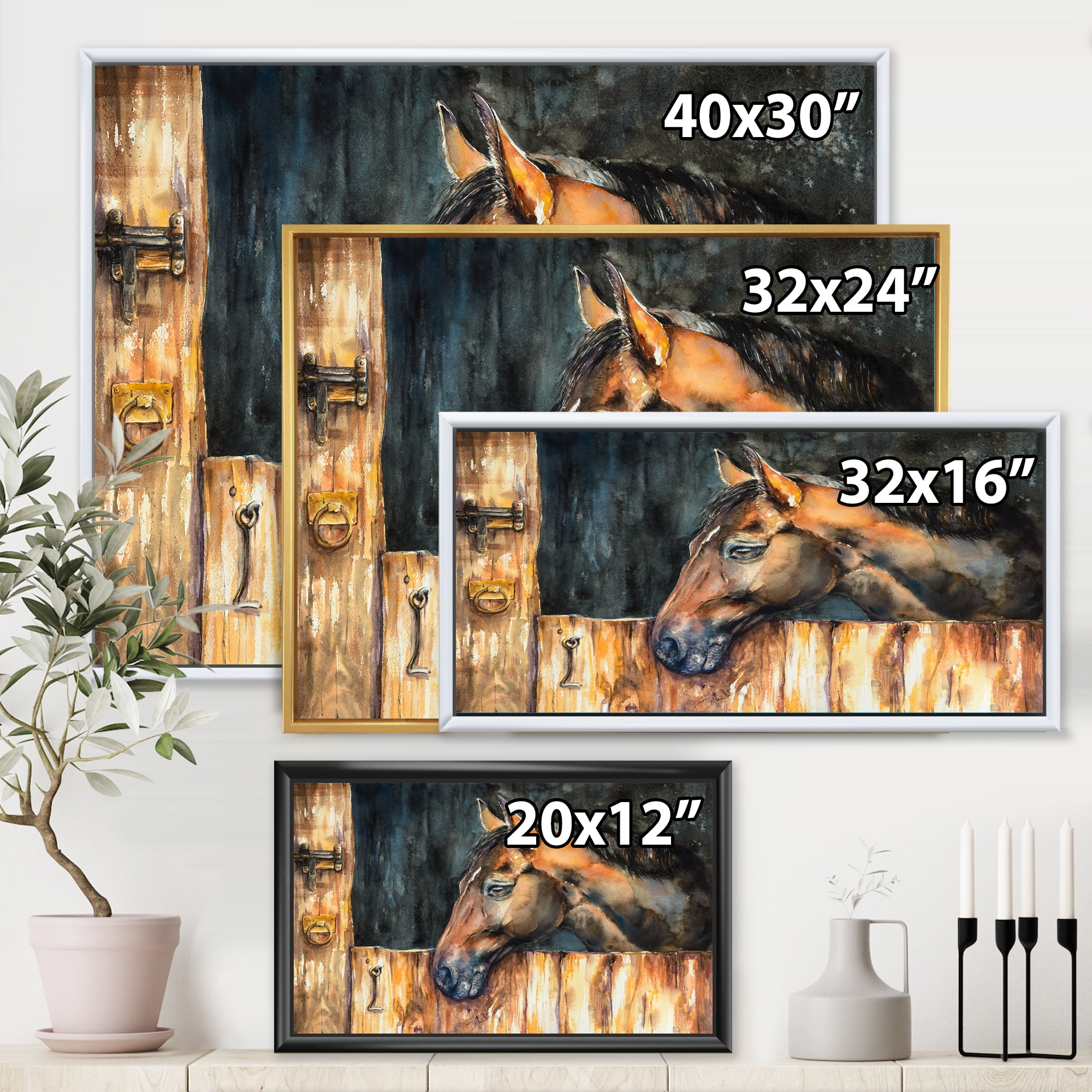 Designart 'Close Up Of The Head of A Horse In Stable' Farmhouse Framed Canvas Wall Art Print