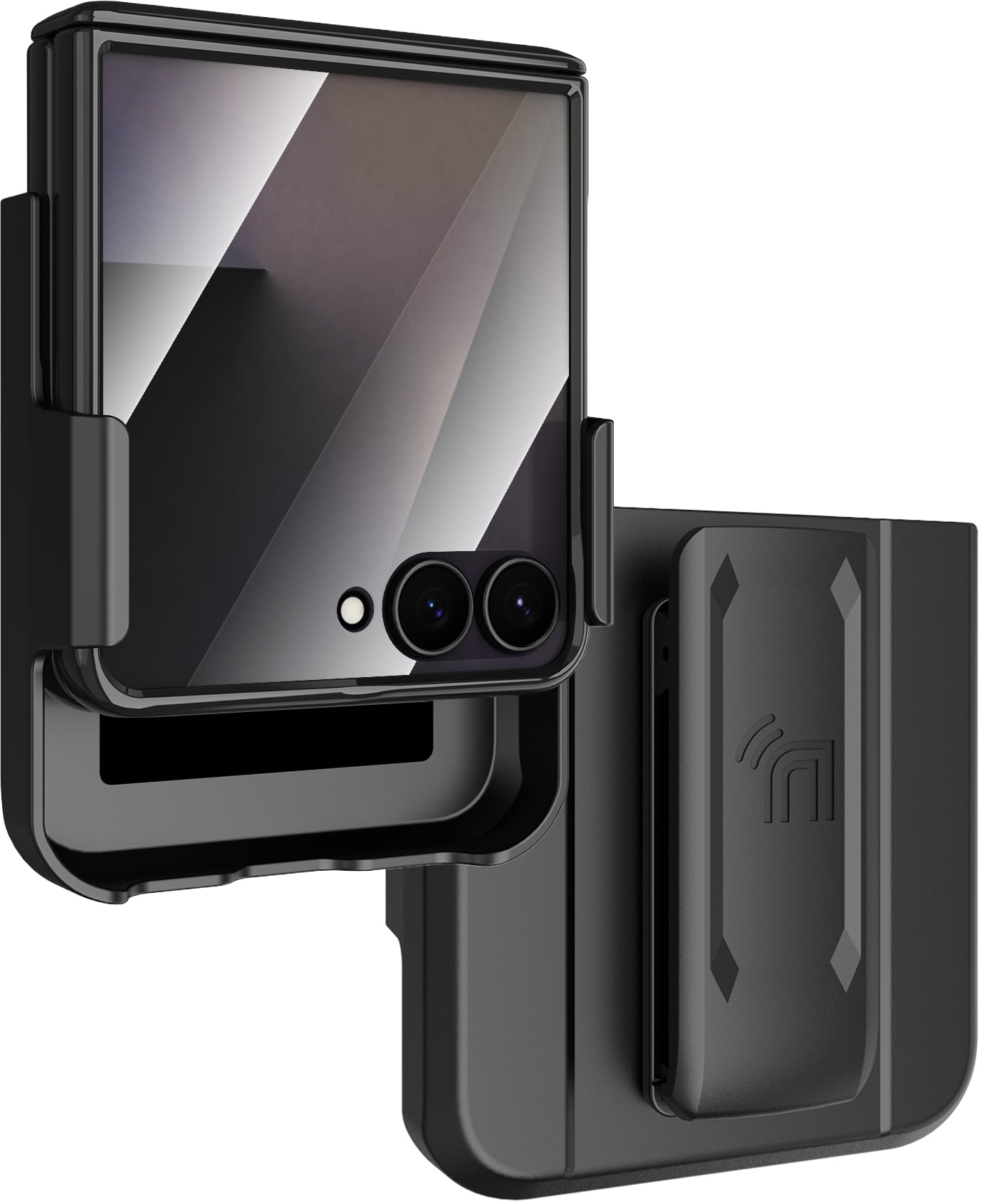 Nakedcellphone Electro Combo for Samsung Galaxy Z Flip 7 Phone Case with Belt Clip Holster Holder - Built-In Screen Protector - Hinge Cover - Compatible with MagSafe - Black/Clear