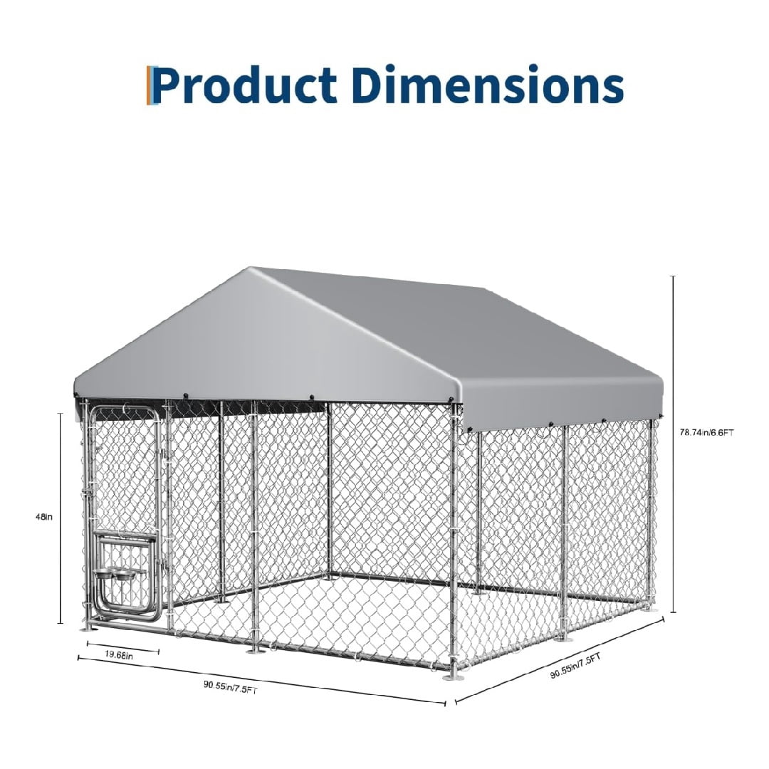7.5×7.5×6.6 FT Home Large Metal Outdoor Dog Kennel, Metal Wire Dog Enclosure with Waterproof Roof & Adjustable Bowls Feeder for Backyard Farm
