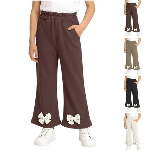 Rvasteizo Kids Pants Solid Bow Flare Side Pockets Elastic Waist Loose Comfy Full Length Casual Outer Pant for 1 to 15 Years