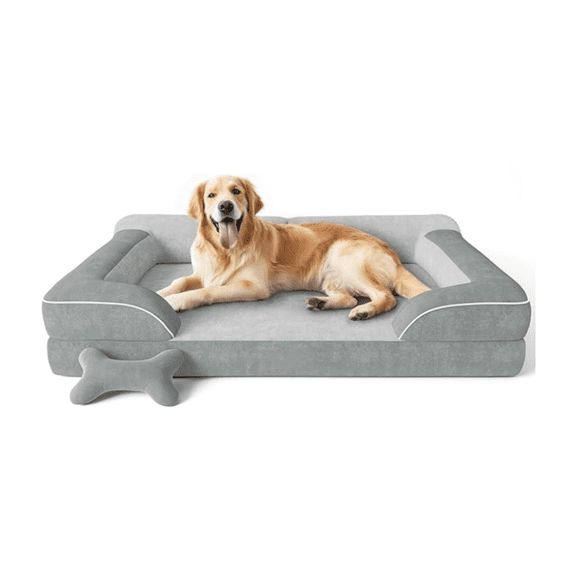 Extra Large Dog Bed, Orthopedic Dog Bed with Cooling Gel Memory Foam, Waterproof XL Pet Bed with Removable Washable Cover, 42" Pet Sofa Couch Dutch Velvet with Bone Toy, Light Gray