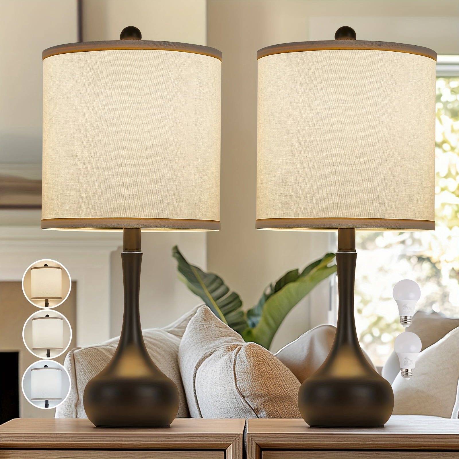 2-Pack 23 Inch Farmhouse Table Lamps, Golden Metal Frame with 3 Color Temperature Modes, Rustic Modern Bedside Nightstand Lighting for Bedroom Dorm Office Living Room Home Decor