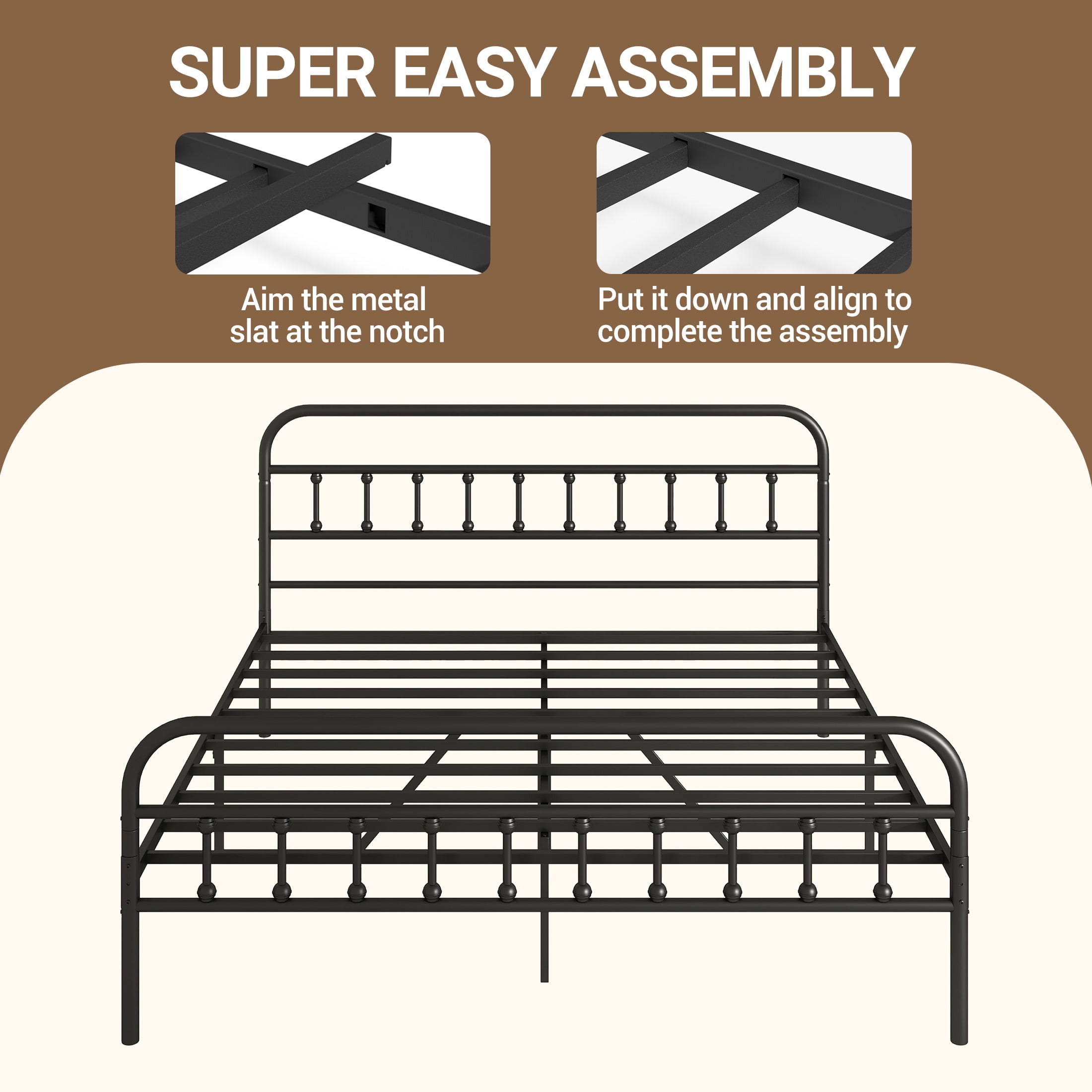 King Bed Frame with Headboard and Footboard, UHOMEPRO Metal Bed Frame with Vintage Victorian Style, Easy Assembly & No Box Spring Needed, Black