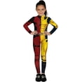 thumbnail image 4 of Guvpev Halloween Superhero Cosplay Costume, Split Red Mercenary and Yellow Combat Hero 3D Spandex Bodysuit Jumpsuit, 2-in-1 Full Body Dress-Up Outfit for Halloween Party, Birthday, Carnival, 4 of 9