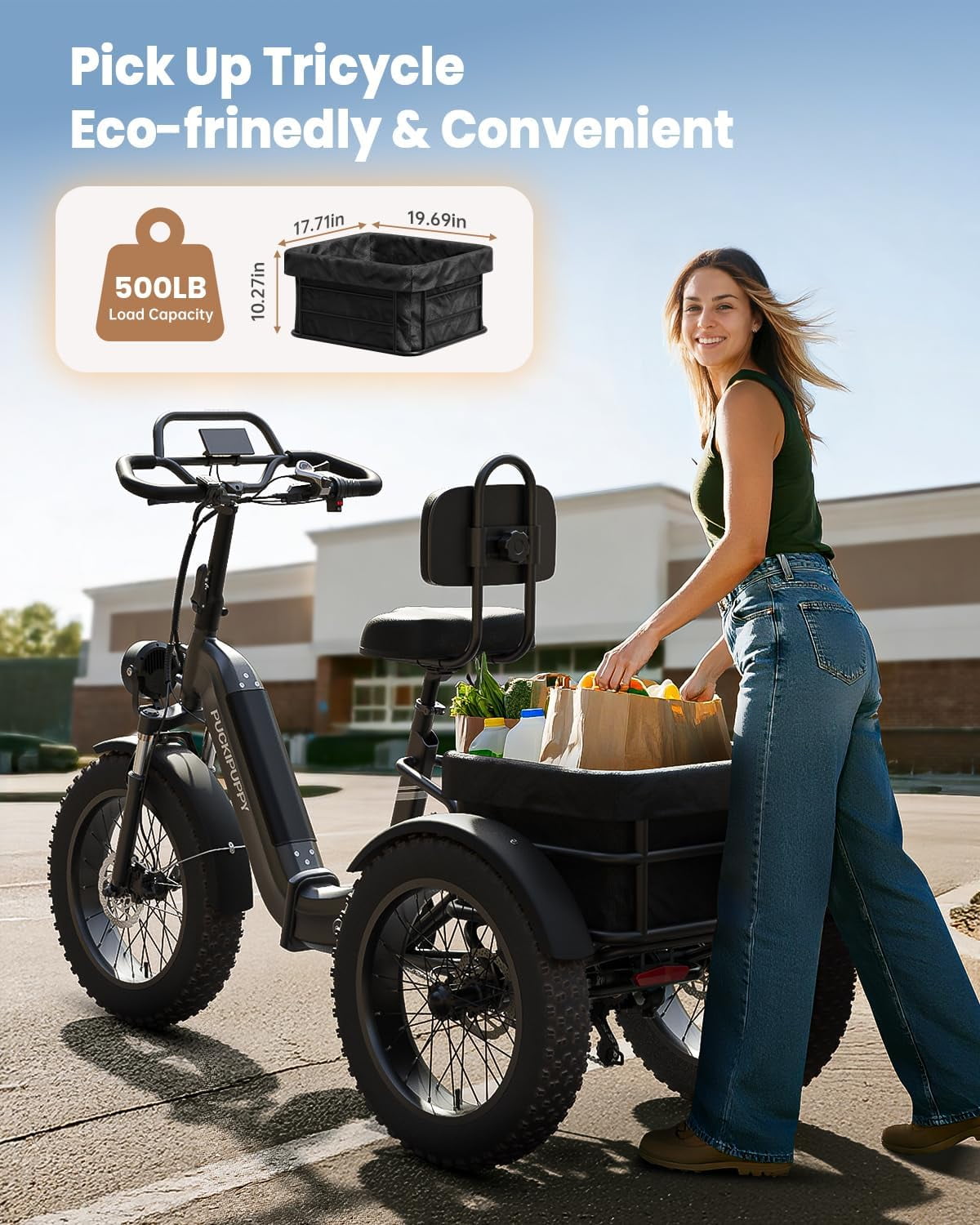 PUCKIPUPPY Electric Tricycle for Adults Full Suspension & Reverse Gear 960W Peak 55Miles Range 20" Fat Tire Electric Trike 15mph Max Speed E-Mountain Bikes 48V 15AH Battery, Comply with UL2849 By SGS