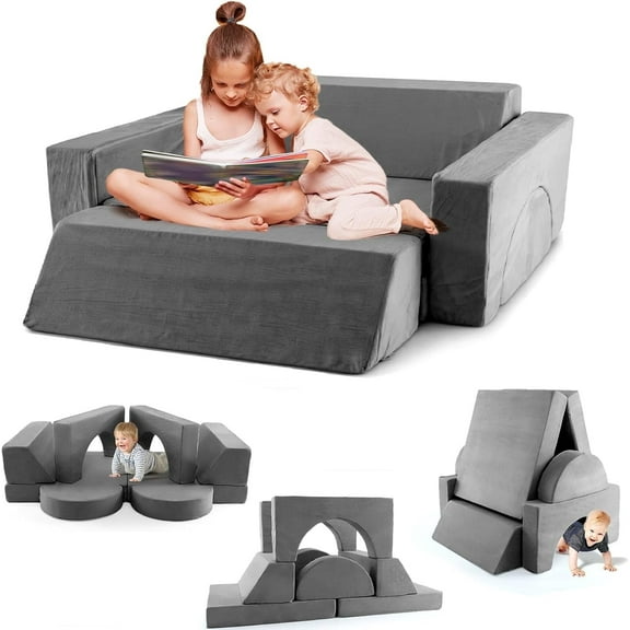 OLAKIDS Modular Kids Play Couch, 8PCS Toddler Sectional Sofa Building Fort for Playroom, Bedroom, Imaginative Convertible Floor Cushion, Foam Set for Boys and Girls (Grey)