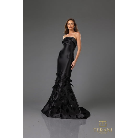 Women's Terani Couture 251E4226 Feather Embellished Long Mermaid evening elegant Gown Black 8