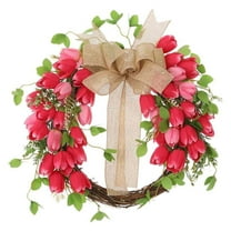 chaungfeng Artificial Pink Tulip Door Wreath, Spring Summer Silk Wreath with Green Leaves and Slik Bow, Colorful Valentine Wreaths Tulip Wreaths for Yard Wedding Indoor Wall Outside(B)