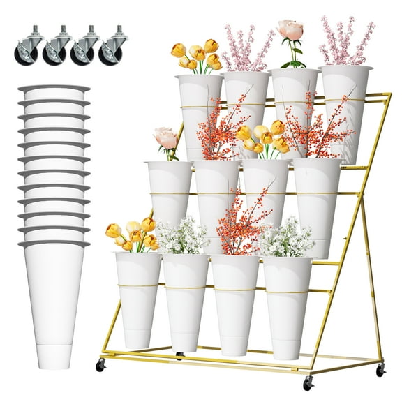 3 Tier Metal Flower Display Stand with 12pcs Plastic Buckets for Fresh Flowers Heavy Duty Garden Cart Moving Flower Bucket Stand with Wheels