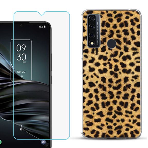 Slim-Fit Fashion Phone Case for TCL 20 XE, with Tempered Glass Screen Protector, by OneToughShield ® - Cheetah Gold/Black