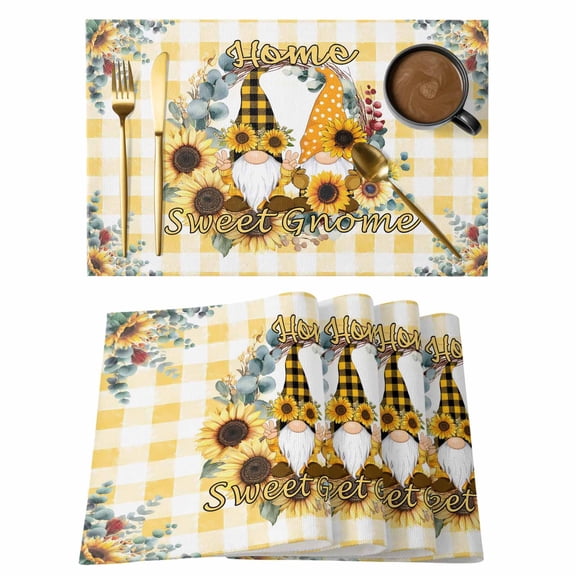 Placemats Set of 4, Sunflower Woven Placemat, Linen Place Mats for Kitchen/Dining Tables, Gnomes Yellow Checkered Eucalyptus Leaves Washable Table Mats for Party