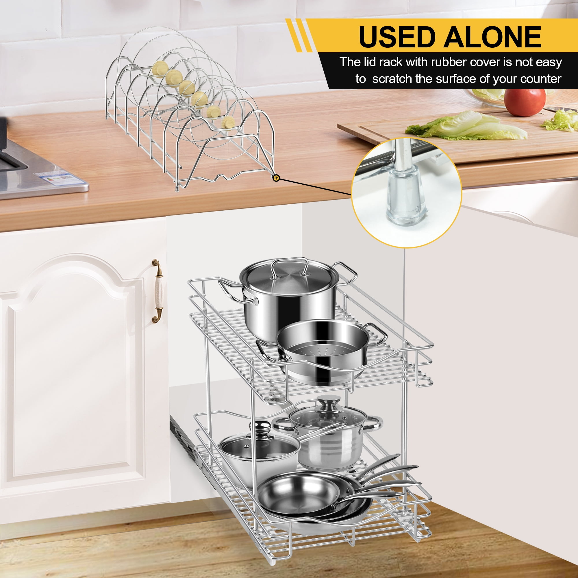 FULGENTE Pull Out Cabinet Pots and Pans Organizer 11" W x 18" D 2 Tier Wire Basket for Lid Cookware Drawer Slide Out Kitchen Cupboard Organization Shelves Shelf for Pantry Roll Out Storage