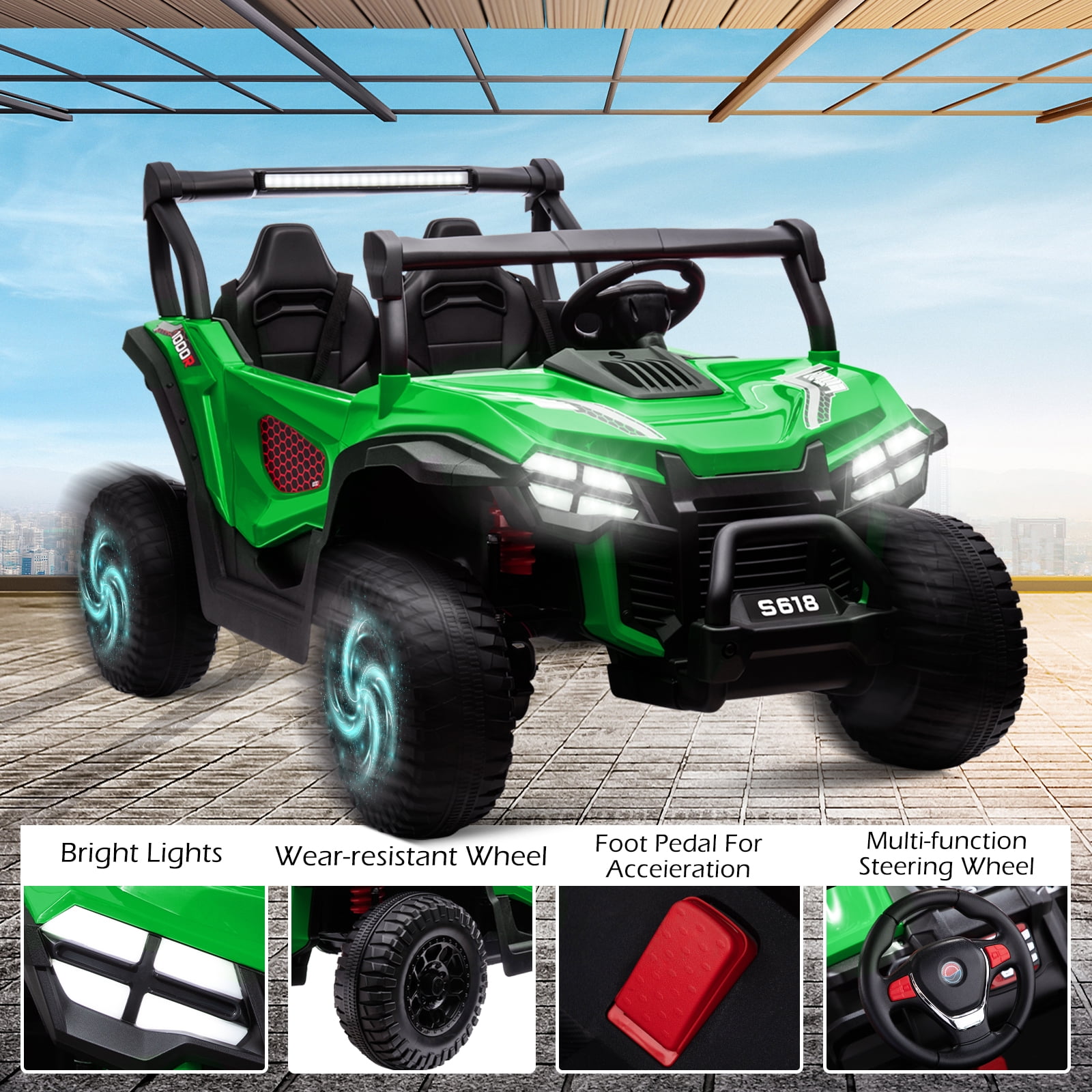 OTTORD 24V Ride on Cars 2 Seater, 4WD Electric Cars Vehicles for Adults and Kids（Green）